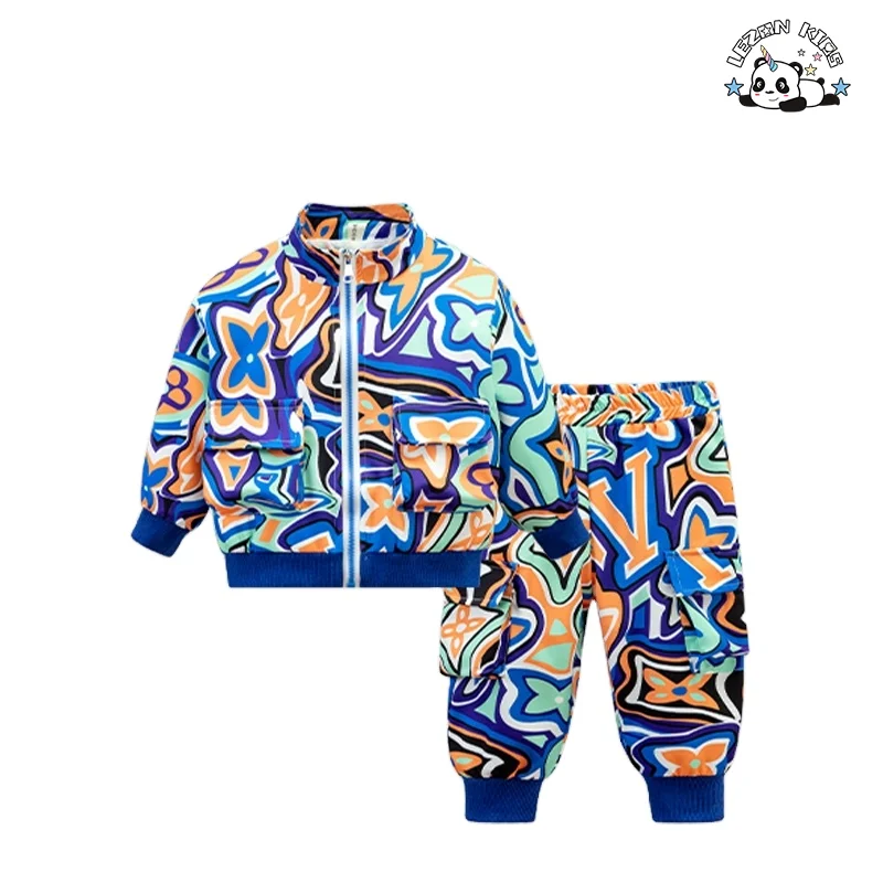 LEZONKIDS - Custom Children Clothes Boys Graffiti Printed Zipper Clothing Set Sweatshirt and Pants Long Sleeve Baby Two Pieces Set